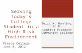 Serving Today’s College Student in a High Risk Environment Terri M. Manning, Ed.D. Central Piedmont Community College Pierce College June 8, 2012.