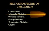 THE ATMOSPHERE OF THE EARTH Components Molecular Variation Pressure Variation Energy Balance Temperature Variation Layers.