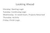 Looking Ahead Monday: Starting Logic Tuesday: Continuing Logic Wednesday: 15 week Exam, Projects Returned Thursday: Activity Friday: Finish Logic.
