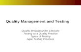 Quality Management and Testing Quality throughout the Lifecycle Testing as a Quality Practice Types of Testing Agile Testing Practices.