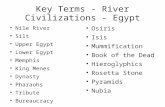 Key Terms - River Civilizations - Egypt Nile River Silt Upper Egypt Lower Egypt Memphis King Menes Dynasty Pharaohs Tribute Bureaucracy Osiris Isis Mummification.