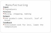 Manufacturing Input Ingredients Process Mixing, chopping, baking Output End product-cake, biscuit, loaf of bread Feedback Overcooked-cook for less, lower.