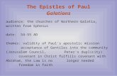 The Epistles of Paul Galatians audience: the churches of Northern Galatia, written from Ephesus date: 54-55 AD themes: validity of Paul's apostolic mission.
