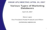 © ©Experian 2006. All rights reserved. Confidential and proprietary. 1 DMAB UPU MEETING APRIL 24, 2007 Various Types of Marketing Databases April 24, 2007.