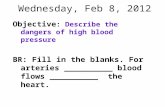 Wednesday, Feb 8, 2012 Objective : Describe the dangers of high blood pressure BR: Fill in the blanks. For arteries __________ blood flows __________ the.
