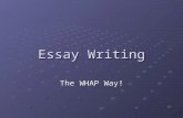 Essay Writing The WHAP Way!. History Essay Writing NOT the same as “creative writing” class NOT the same as “journalism”– but closer MUST address the.