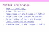 Matter and Change What is Chemistry? Scientific Method Properties of the States of Matter Properties and Changes in Matter Conservation of Mass and Energy.