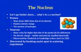 The Nucleus Let’s go further down… what’s in a a nucleus? Protons –Mass about 2000 times that of an electron –Positive electric charge –The nucleus of.