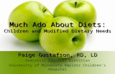 Paige Gustafson, RD, LD Pediatric Clinical Dietitian University of Minnesota Amplatz Children’s Hospital Much Ado About Diets: Children and Modified Dietary.
