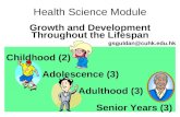 Health Science Module Growth and Development Throughout the Lifespan Childhood (2) Adolescence (3) Adulthood (3) Senior Years (3) gsguldan@cuhk.edu.hk.