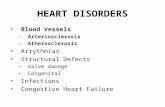HEART DISORDERS Blood Vessels –Arteriosclerosis –Atherosclerosis Arrythmias Structural Defects –Valve damage –Congenital Infections Congestive Heart Failure.