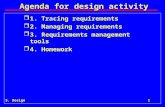 5. Design1 Agenda for design activity r1. Tracing requirements r2. Managing requirements r3. Requirements management tools r4. Homework.