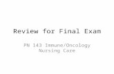 Review for Final Exam PN 143 Immune/Oncology Nursing Care.