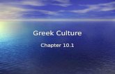 Greek Culture Chapter 10.1. Greek Beliefs Greeks formed city-states Greeks formed city-states –City-state-is the city and the land that surrounds it –Spoke.