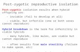 Post-zygotic isolation results when hybrid offspring are: - inviable (fail to develop at all) - viable, but infertile (one or both sexes cannot reproduce)