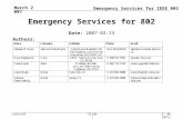 Emergency Services for IEEE 802 Tutorial March 2007 S. McCann, D. Stephenson and V. GuptaSlide 1 Emergency Services for 802 Date: 2007-03-13 Authors: