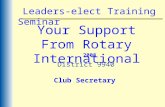 Leaders-elect Training Seminar Your Support From Rotary International 2008 District 9940 Club Secretary.