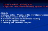 Types of Rocks Thursday 9/30 Objective: Describe and classify igneous rocks Agenda: 1.Journal entry: What does the word igneous mean? How do igneous rocks.