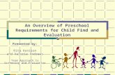 An Overview of Preschool Requirements for Child Find and Evaluation Presented by: Rita Kenison and Valerie Andrews Team Approach to Screening and Evaluation.