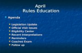 April Rules Education Agenda Agenda Legislation Update Legislation Update Official Visit Issues Official Visit Issues Eligibility Center Eligibility Center.