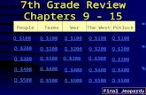 7th Grade Review Chapters 9 - 15 PeopleTermsWarThe WestPotluck Q $100 Q $200 Q $300 Q $400 Q $500 Q $100 Q $200 Q $300 Q $400 Q $500 Final Jeopardy.