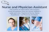 Nurse and Physician Assistant This outline of information will compare three occupations that are closely related in tasks and roles: Registered Nurse,