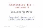 June 3, 2008Stat 111 - Lecture 5 - Correlation1 Exploring Data Numerical Summaries of Relationships between Statistics 111 - Lecture 5.