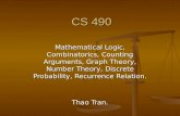 CS 490 Mathematical Logic, Combinatorics, Counting Arguments, Graph Theory, Number Theory, Discrete Probability, Recurrence Relation. Thao Tran.