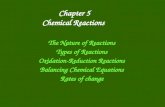 Chapter 5 Chemical Reactions The Nature of Reactions Types of Reactions Oxidation-Reduction Reactions Balancing Chemical Equations Rates of change.
