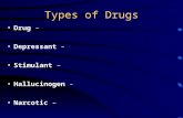 Types of Drugs Drug – Depressant – Stimulant – Hallucinogen - Narcotic –