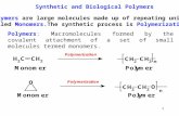 1 Synthetic and Biological Polymers Polymers: Macromolecules formed by the covalent attachment of a set of small molecules termed monomers. Polymers are