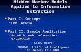 Hidden Markov Models Applied to Information Extraction Part I: Concept Part I: Concept HMM Tutorial HMM Tutorial Part II: Sample Application Part II: Sample.