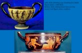 Left: Attic drinking cup showing the black figure style, c.480 BCE; Below: Attic mixing bowl done in the newer red figure style, replicas.