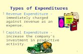 1 Types of Expenditures zRevenue Expenditure - immediately charged against revenue as an expense. zCapital Expenditure - increase the company’s investment.