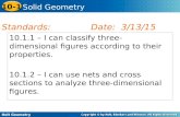 Holt Geometry 10-1 Solid Geometry 10.1.1 – I can classify three- dimensional figures according to their properties. 10.1.2 – I can use nets and cross sections.