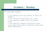 Grammar: Monday Learning Targets – I can identify the two classes of Parts of Speech. – I can recite the definition of a noun. – I can identify common.