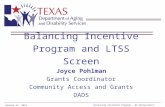 Balancing Incentive Program – No Wrong Door January 27, 2014 1 Balancing Incentive Program and LTSS Screen Joyce Pohlman Grants Coordinator Community Access.