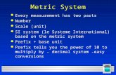 Metric System l Every measurement has two parts l Number l Scale (unit) l SI system (le Systeme International) based on the metric system l Prefix + base.