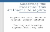 Supporting the Transition from Arithmetic to Algebra Virginia Bastable, Susan Jo Russell, Deborah Schifter Teaching and Learning Algebra, MSRI, May 2008.
