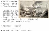 Fort Sumter April, 1861 Charleston, SC Lincoln sends supplies to troops at fort South fires on and captures fort (1000s of artillery rounds used) Winner.