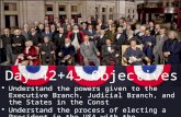 Understand the powers given to the Executive Branch, Judicial Branch, and the States in the Const Understand the process of electing a President in the.