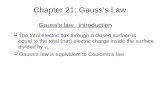 Chapter 21: Gauss’s Law Gauss’s law : introduction  The total electric flux through a closed surface is equal to the total (net) electric charge inside.