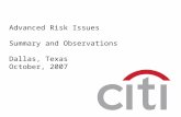Advanced Risk Issues Summary and Observations Dallas, Texas October, 2007.