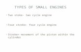 TYPES OF SMALL ENGINES Two stoke- two cycle engine Four stroke- four cycle engine Stroke= movement of the piston within the cylinder.