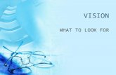 VISION WHAT TO LOOK FOR. THE EYE CONSISTS OF 5 AREAS: Cornea Iris Lens Retina (rods and Cones) Optic Nerve.