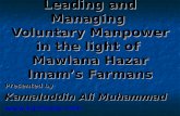Leading and Managing Voluntary Manpower in the light of Mawlana Hazar Imam’s Farmans Presented by Kamaluddin Ali Muhammad .