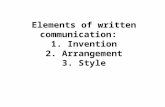 Elements of written communication: 1. Invention 2. Arrangement 3. Style.