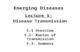 Emerging Diseases Lecture 5: Disease Transmission 5.1 Overview 5.2: Routes of Transmission 5.3: Summary.