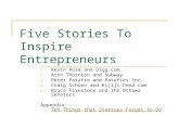 Five Stories To Inspire Entrepreneurs 1. Kevin Rose and Digg.com 2. Aron Thornton and Subway 3. Peter Patafie and Patafies Inc. 4. Craig Schoen and Kijiji-Feed.com.