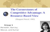 The Cornerstones of Competitive Advantage: A Resource-Based View (Margaret Peteraf, 1993) Group 1 Meredith, Barclay, Woo-je, and Kumar.